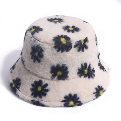 Gorro Pescador Coreano con Estampado Margarita - Abrigo Invierno Otoño Pelaje Conejo - Image 5