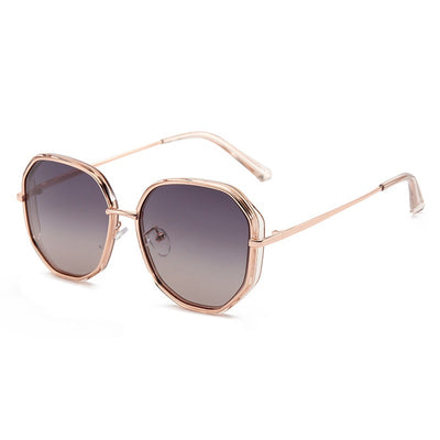 Ladies' rose gold-toned octagonal polarized sunglasses with gradient gray lenses on a white background. - Image 8