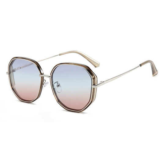 Ladies' rose gold-toned octagonal polarized sunglasses with gradient gray lenses on a white background. - Image 2