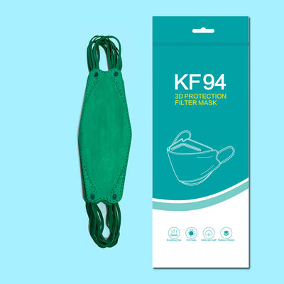 Black KF94 3D protection filter mask shown with its teal and white packaging for a 20-piece pack. - Image 10