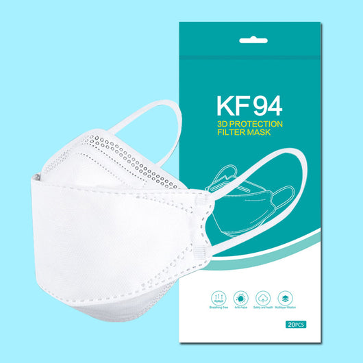 Black KF94 3D protection filter mask shown with its teal and white packaging for a 20-piece pack. - Image 7