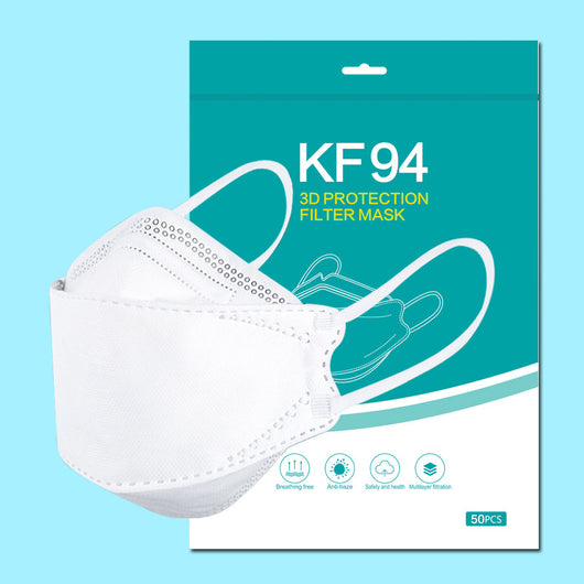 Black KF94 3D protection filter mask shown with its teal and white packaging for a 20-piece pack. - Image 11