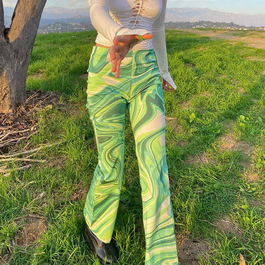 Pantalones Bootcut con Estampado Ondas de Agua y Cierre