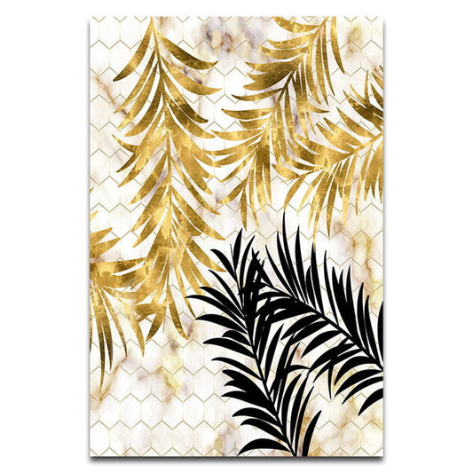 Cuadro Decorativo Nórdico Moderno con Hojas Doradas - Pintura en Lienzo Abstracta