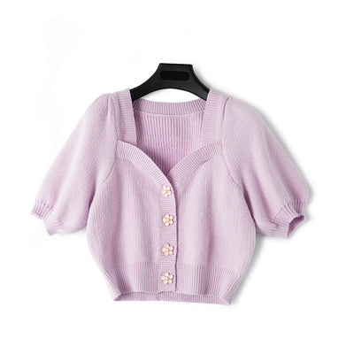 Cardigan Retro de Punto con Cuello Cisne y Mangas Abullonadas - Estilo Verano - Image 11