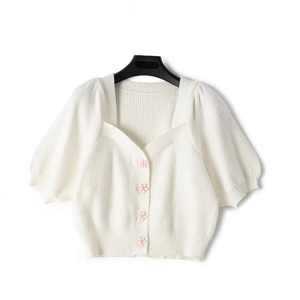 Cardigan Retro de Punto con Cuello Cisne y Mangas Abullonadas - Estilo Verano - Image 3