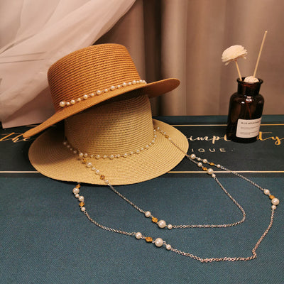 Sombrero de Paja Plano Retro Francés con Cadena de Perlas - Elegante para Primavera y Verano - Image 2