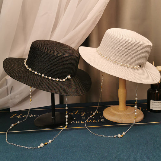 Sombrero de Paja Plano Retro Francés con Cadena de Perlas - Elegante para Primavera y Verano