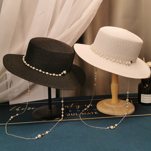Sombrero de Paja Plano Retro Francés con Cadena de Perlas - Elegante para Primavera y Verano - Image 5