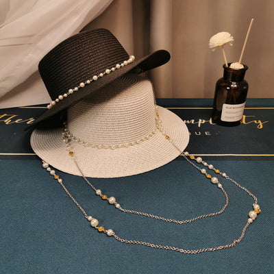 Sombrero de Paja Plano Retro Francés con Cadena de Perlas - Elegante para Primavera y Verano - Image 6