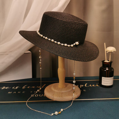 Sombrero de Paja Plano Retro Francés con Cadena de Perlas - Elegante para Primavera y Verano - Image 11