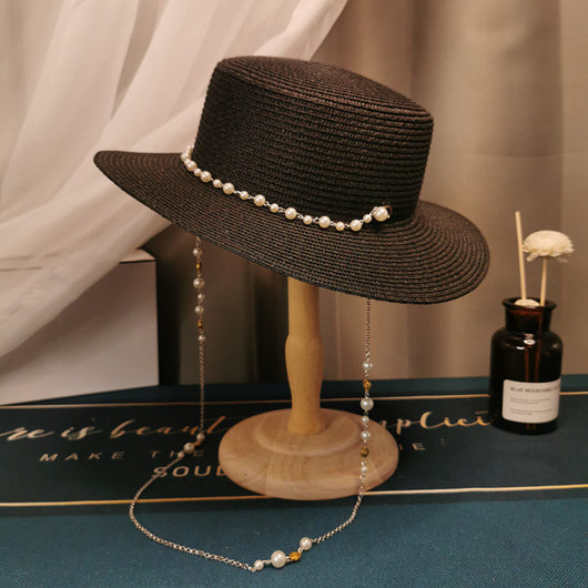 Sombrero de Paja Plano Retro Francés con Cadena de Perlas - Elegante para Primavera y Verano - Image 11