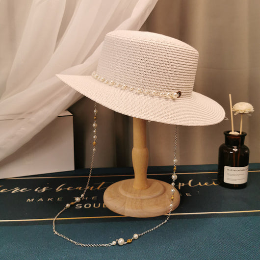 Sombrero de Paja Plano Retro Francés con Cadena de Perlas - Elegante para Primavera y Verano - Image 17