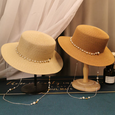 Sombrero de Paja Plano Retro Francés con Cadena de Perlas - Elegante para Primavera y Verano - Image 12