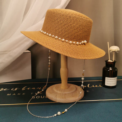 Sombrero de Paja Plano Retro Francés con Cadena de Perlas - Elegante para Primavera y Verano - Image 19