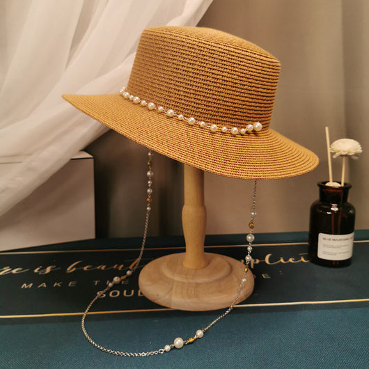 Sombrero de Paja Plano Retro Francés con Cadena de Perlas - Elegante para Primavera y Verano - Image 19