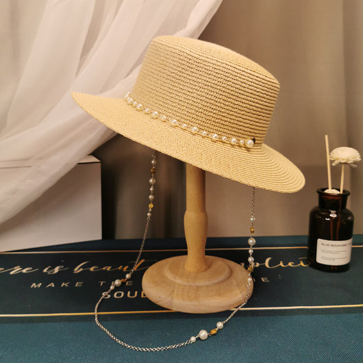 Sombrero de Paja Plano Retro Francés con Cadena de Perlas - Elegante para Primavera y Verano - Image 22