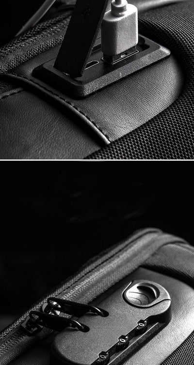 Light grey men's sling bag with a textured canvas finish, single padded shoulder strap, and visible USB charging port. - Image 21