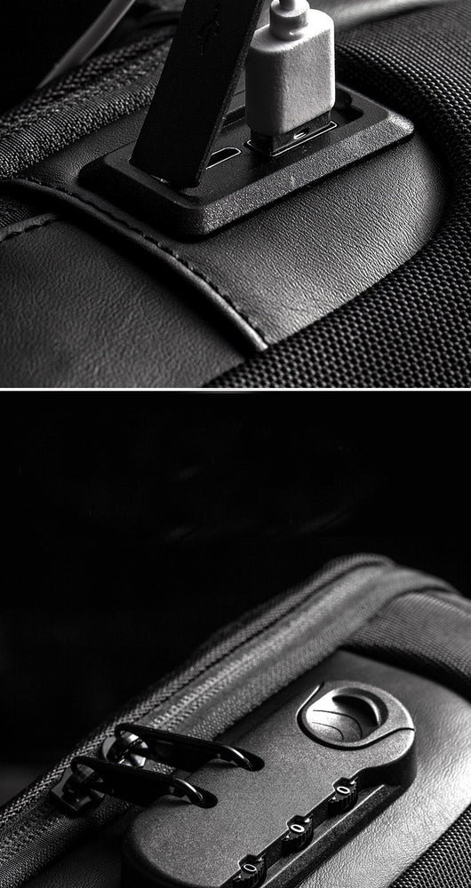 Light grey men's sling bag with a textured canvas finish, single padded shoulder strap, and visible USB charging port. - Image 21