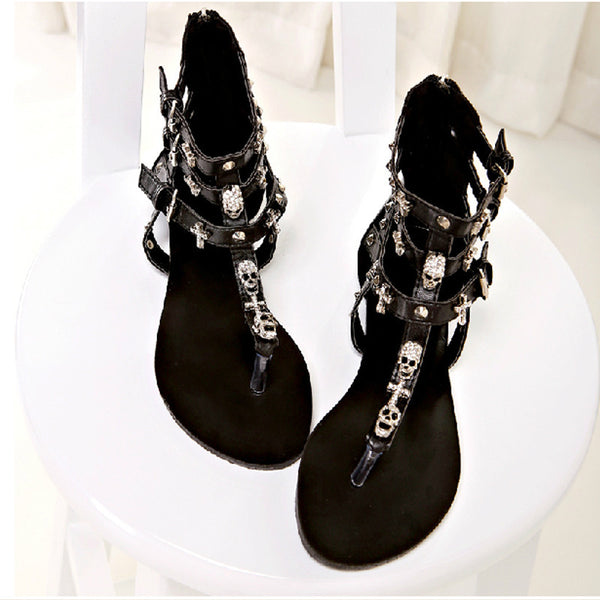 Sandalias Punk con Calavera de Strass - Plataforma Plana para Mujer