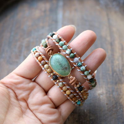 Pulsera de Piedra Natural Artesanal Tres Capas con Cordón de Cuero para Mujer - Image 10