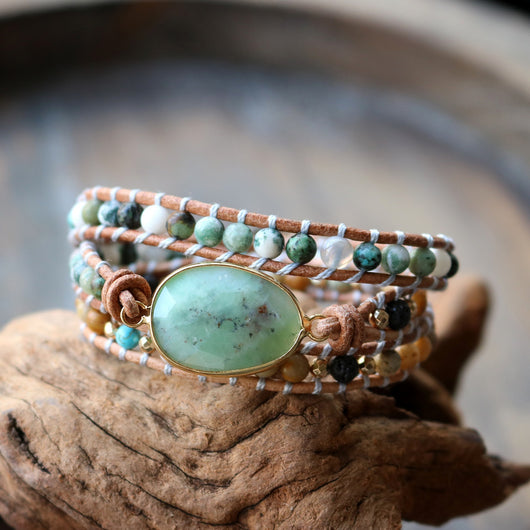 Pulsera de Piedra Natural Artesanal Tres Capas con Cordón de Cuero para Mujer - Image 8