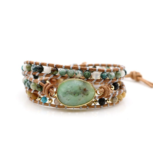 Pulsera de Piedra Natural Artesanal Tres Capas con Cordón de Cuero para Mujer - Image 9