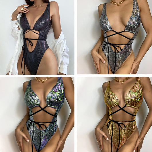 Traje de Baño Atractivo de Cuero PU con Espalda Descubierta y Cordones - Image 10