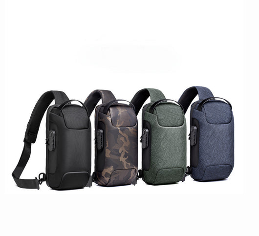 Light grey men's sling bag with a textured canvas finish, single padded shoulder strap, and visible USB charging port. - Image 3
