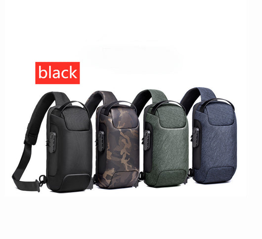Light grey men's sling bag with a textured canvas finish, single padded shoulder strap, and visible USB charging port. - Image 8