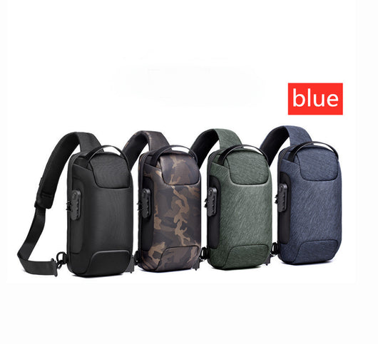 Light grey men's sling bag with a textured canvas finish, single padded shoulder strap, and visible USB charging port. - Image 9