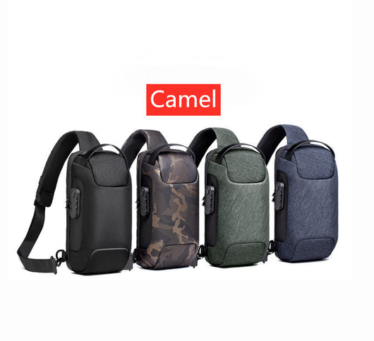 Light grey men's sling bag with a textured canvas finish, single padded shoulder strap, and visible USB charging port. - Image 10