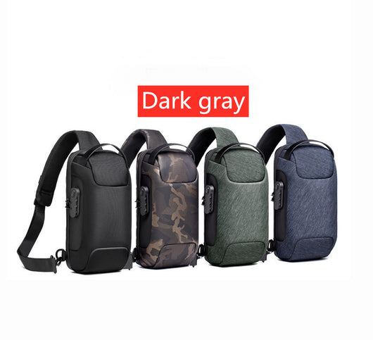 Light grey men's sling bag with a textured canvas finish, single padded shoulder strap, and visible USB charging port. - Image 11