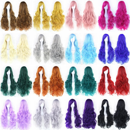 Peluca Larga Flequillo Oblicuo Multicolor 80 cm - Fibra Sintética Premium