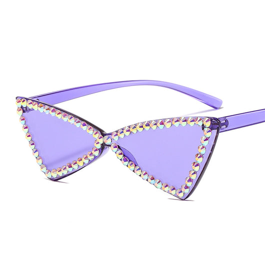 Pink retro triangle rimless sunglasses with iridescent rhinestone embellishments and a cat-eye shape. - Image 10