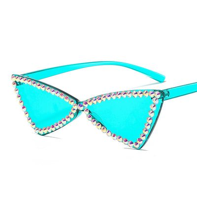 Pink retro triangle rimless sunglasses with iridescent rhinestone embellishments and a cat-eye shape. - Image 12