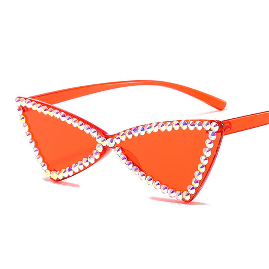 Pink retro triangle rimless sunglasses with iridescent rhinestone embellishments and a cat-eye shape. - Image 14