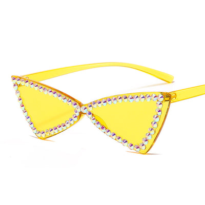 Pink retro triangle rimless sunglasses with iridescent rhinestone embellishments and a cat-eye shape. - Image 15