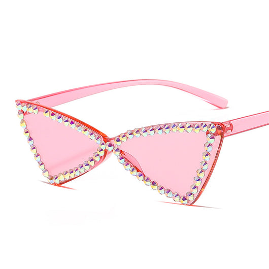 Pink retro triangle rimless sunglasses with iridescent rhinestone embellishments and a cat-eye shape. - Image 7