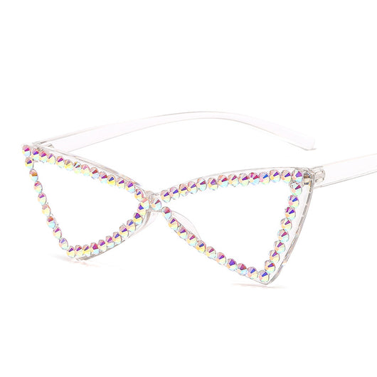 Pink retro triangle rimless sunglasses with iridescent rhinestone embellishments and a cat-eye shape. - Image 8
