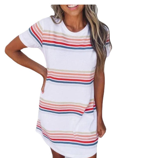 Vestido de Verano Rayas Multicolor Cuello Redondo Estilo Europeo