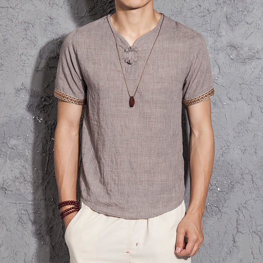 Camiseta de Lino y Algodón con Bordado Chino - Talla Grande Hombre - Image 3