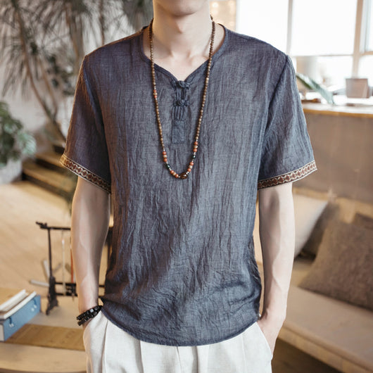 Camiseta de Lino y Algodón con Bordado Chino - Talla Grande Hombre - Image 6