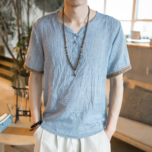 Camiseta de Lino y Algodón con Bordado Chino - Talla Grande Hombre - Image 9