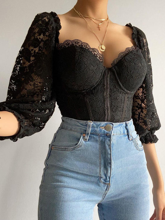 Blusa de Encaje Elegante Escote Descubierto Manga Corta Estilo Europeo - Image 9