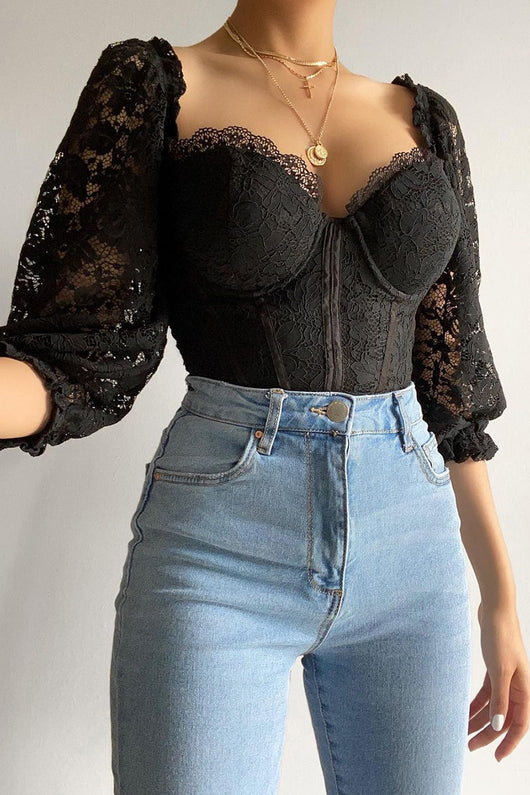 Blusa de Encaje Elegante Escote Descubierto Manga Corta Estilo Europeo - Image 11