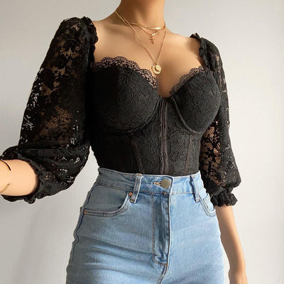 Blusa de Encaje Elegante Escote Descubierto Manga Corta Estilo Europeo - Image 3