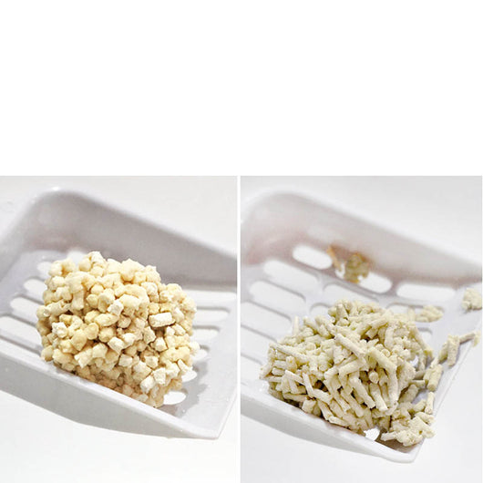 Close-up of a pile of light-colored, irregularly shaped tofu cat litter pellets in a wooden bowl. - Image 7