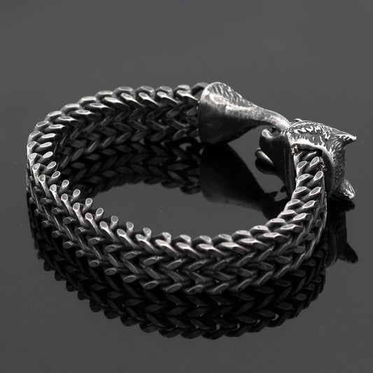 Pulsera para Hombre de Acero con Eslabón Cubano y Cabeza de Lobo