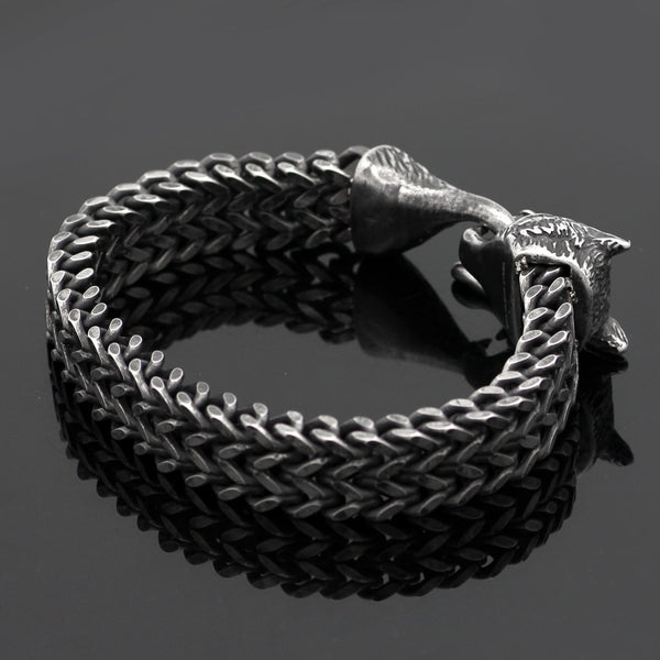 Pulsera para Hombre de Acero con Eslabón Cubano y Cabeza de Lobo